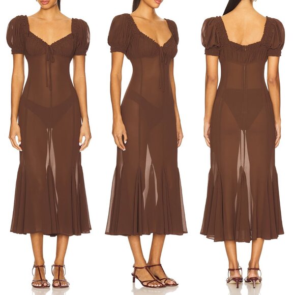 LPA Davina Midi Dress in Mocha Latte Size S Sheer Chiffon Milkmaid Mermaid $259 - Picture 12 of 15
